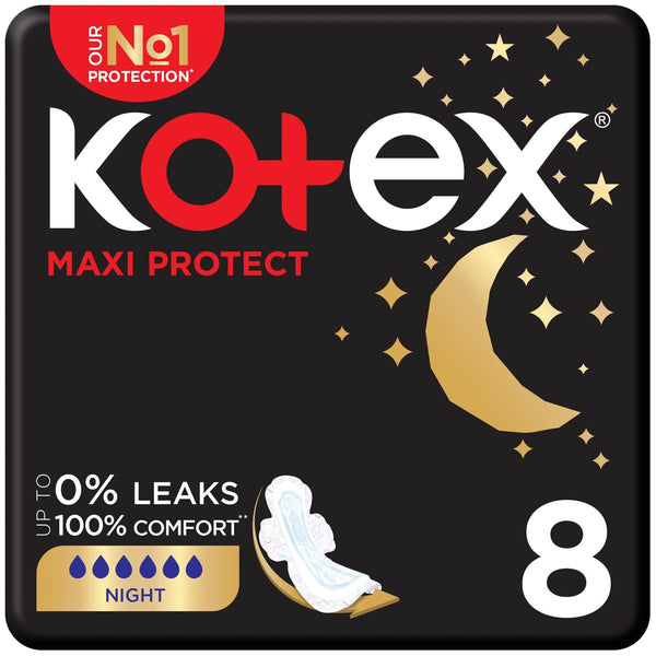 Kotex Maxi Night Sanitary Pads Thick Overnight Pads with Wings, 8 Pads