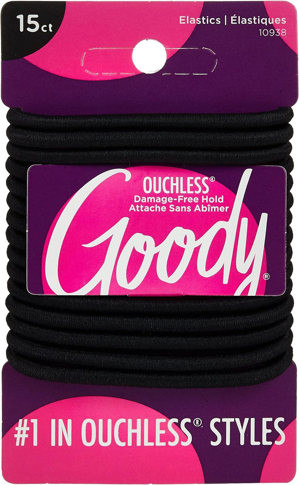 Goody Ouchless Braided Elastics No-Metal Hair Ties Black 15 Count
