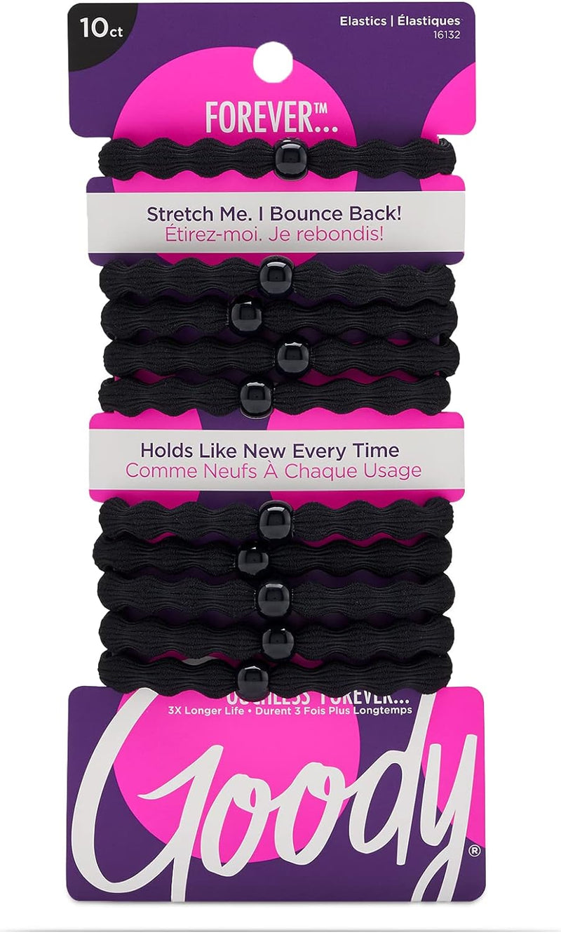 Goody Ouchless Forever Black Hair Elastics, 16-Strand Inner Core, 10 Count