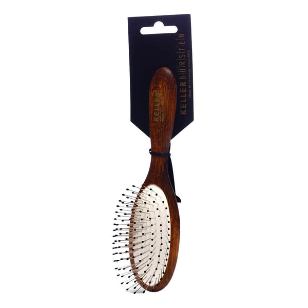 Keller Mini Oval Hair Brush, Brown, Beechwood Handle, Steel Pins with Ball Tips, 1 Piece