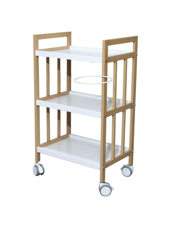 Salon System White 3-Shelf Storage Trolley with Wooden Frame, Rotating Wheels, Model MZT0106