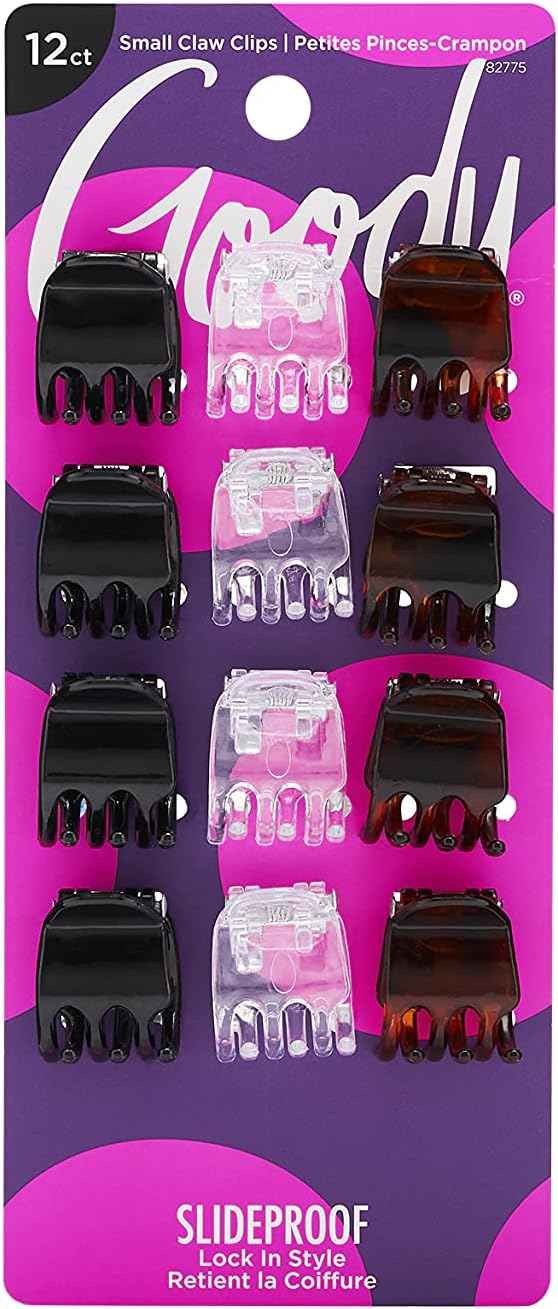 Goody Classics 3-Prong Mini Claw Hair Clips, Brown Clear Black, 12 Count