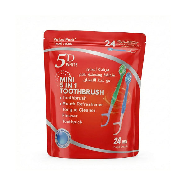 5D Mini 5-in-1 Toothbrushes with Dental Floss, White, 24 Pieces
