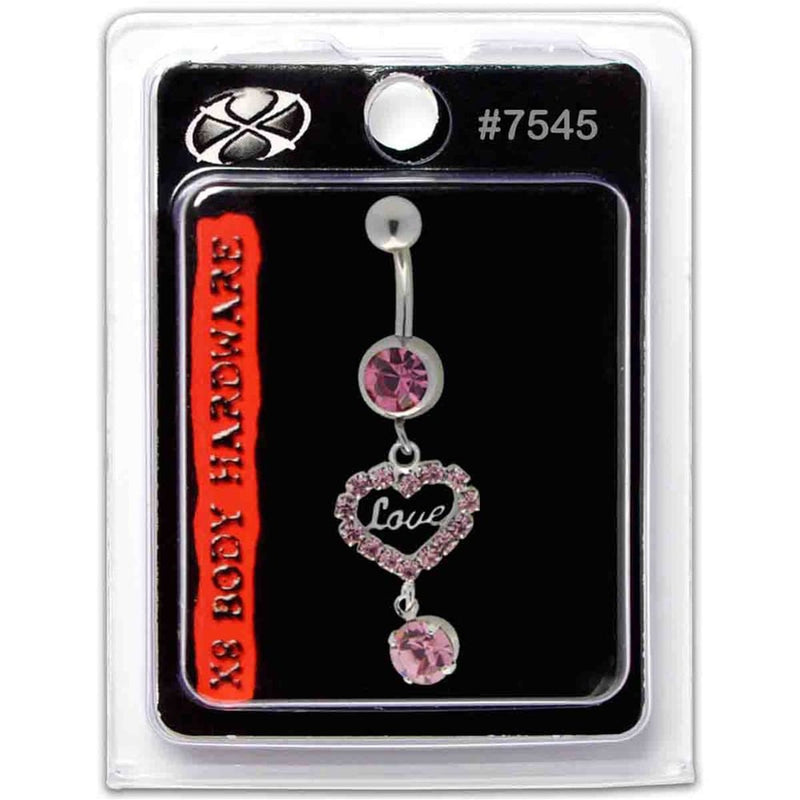 X8 Body Hardware 7545 Navel Love Heart Pink Gemstone Belly Ring