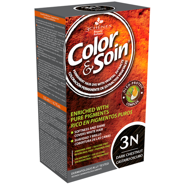 Color & Soin Permanent Hair Color Cream Dark Chestnut 3N, Ammonia-Free, 135 ml