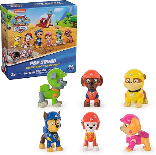 PAW Patrol Rescue Wheels Pup Squad 6-Piece Action Figure Gift Set, Chase, Marshall, Skye, Rubble, Rocky & Zuma, Ages 3+