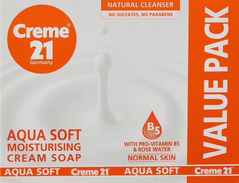 Creme 21 Aqua Soft Moisturising Cream Soap Pro-Vitamin B5 Rose Water 3+1 Pack, 125 g Each