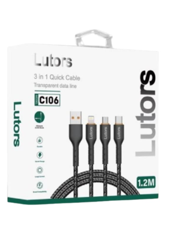 Lutors 3 in 1 Fast Charging Data Cable, USB-C Micro USB Lightning, Transparent C106