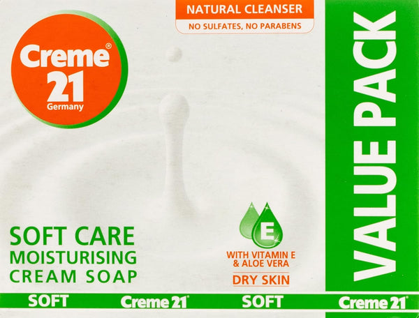 Creme 21 Soft Care Moisturising Cream Soap Vitamin E & Aloe Vera 3+1 Pack, 125 g Each