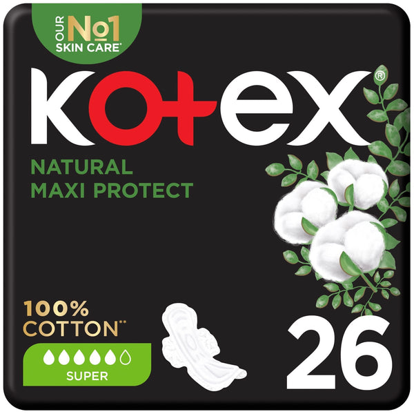 Kotex Natural Maxi Thick Super Pads Cotton, Winged Leak-Proof, 26 Pads