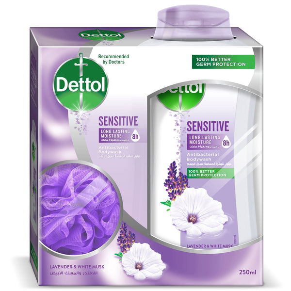 Dettol Sensitive Shower Gel & Body Wash Lavender White Musk 250ml with Puff