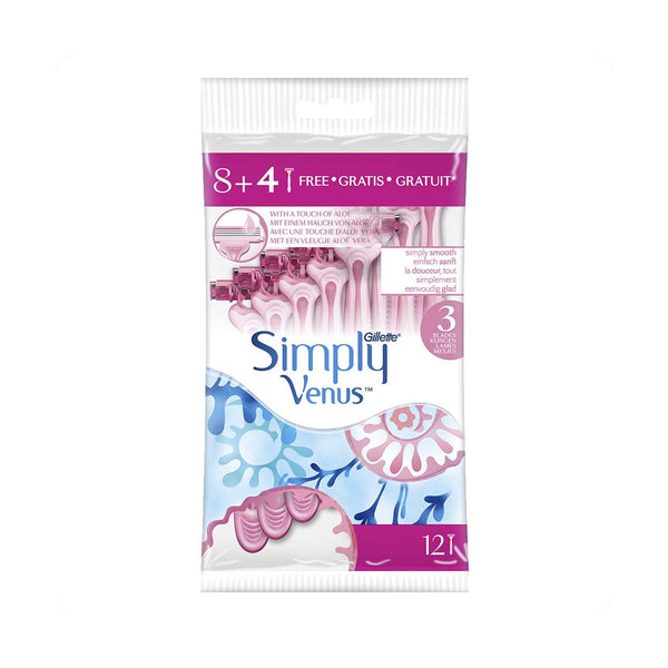 Gillette Venus Simply Venus Disposable Razors 3-Blade Pivoting Head MoistureRich Strip Pink 12 Pack