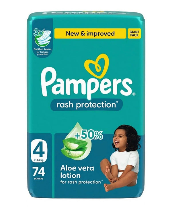 PAMPERS Rash Protection Taped Diapers, Size 4, Hook-and-Loop Fastener, 74 Pack