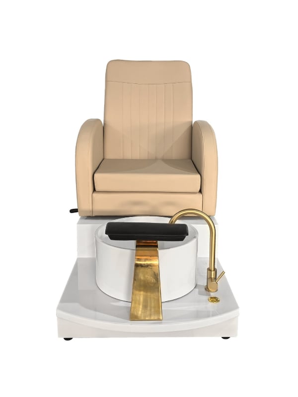 Salon System Beige Embroidered Pedicure Chair with White Base, Ceramic Basin and Faucet
