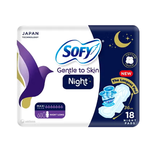 Sofy Night Comfort Extra Long Overnight Pads with Wide Hip Guard, Wings, 18 Pads