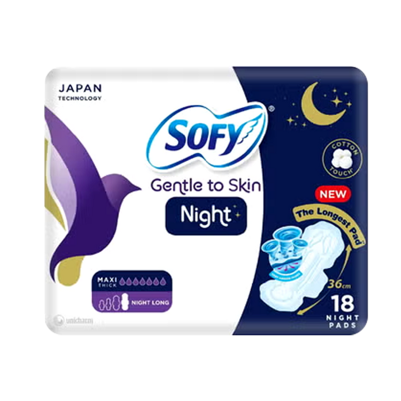 Sofy Night Comfort Extra Long Overnight Pads with Wide Hip Guard, Wings, 18 Pads