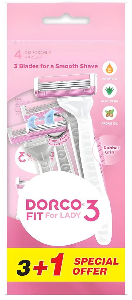 Dorco Fit 3 Women's Disposable Razors, 3-Blade Smooth Shave, 4-Piece Pack