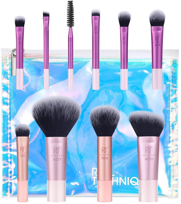 Real Techniques Travel Fantasy Mini Makeup Brush Set, 10 Pieces, Vegan Synthetic Bristles, With Cosmetic Bag