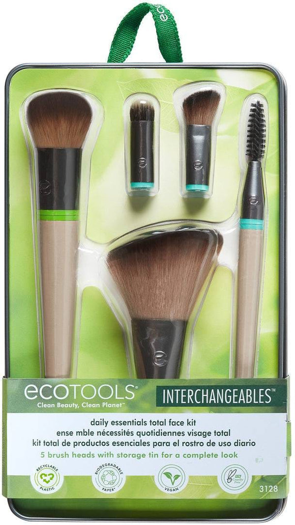 EcoTools Interchangeables Daily Essentials Makeup Brush Set, Vegan Synthetic Bristles, 5 Heads, 2 Handles, Travel Tin