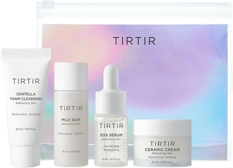 TIRTIR Glow Travel Kit Mini Skincare Set Centella, Milk Skin, SOS Serum and Ceramic Cream 20ml+10ml+15ml+20ml