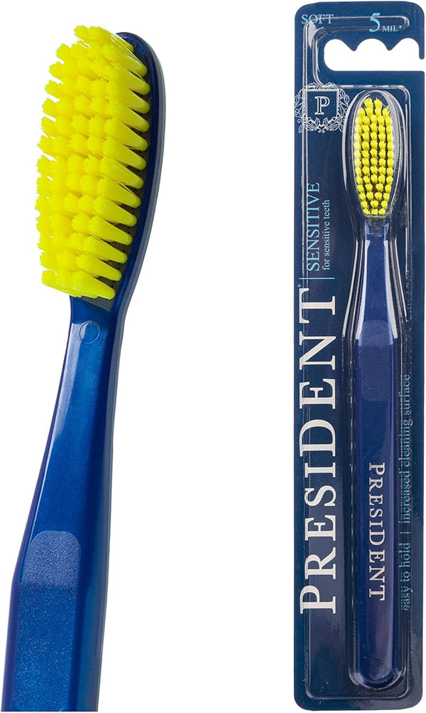 President Soft Toothbrush for Sensitive Teeth, Rounded Nylon Bristles, Ergonomic Handle