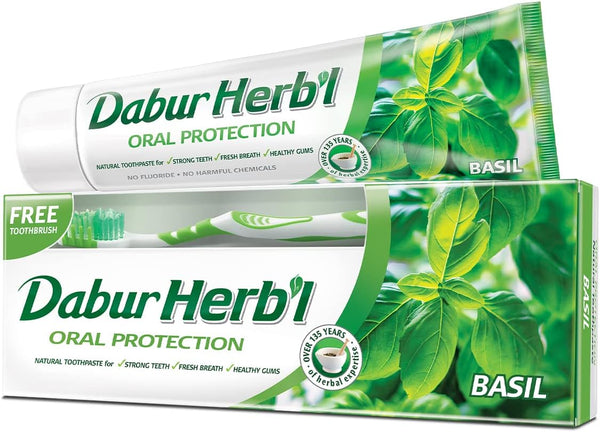 Dabur Herbal Basil and Clove Gel Toothpaste with Toothbrush, 150 g