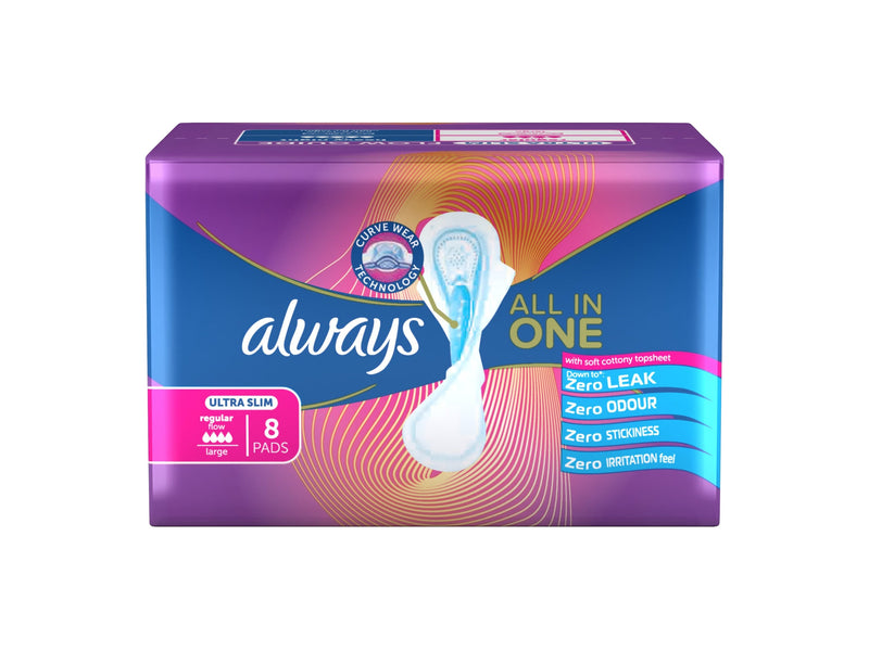 Always Ultra Slim CurveWear Normal Pads with Wings, Odor Lock, 8 Count