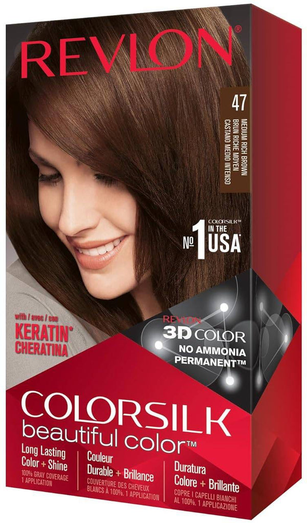 Revlon Colorsilk Permanent Hair Colour Cream Medium Rich Brown 047, Ammonia-Free