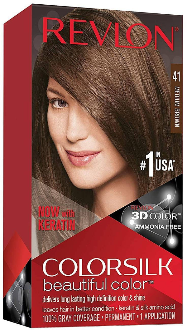 Revlon Colorsilk Permanent Hair Dye, Medium Brown 041, Ammonia-Free At-Home Colour Kit