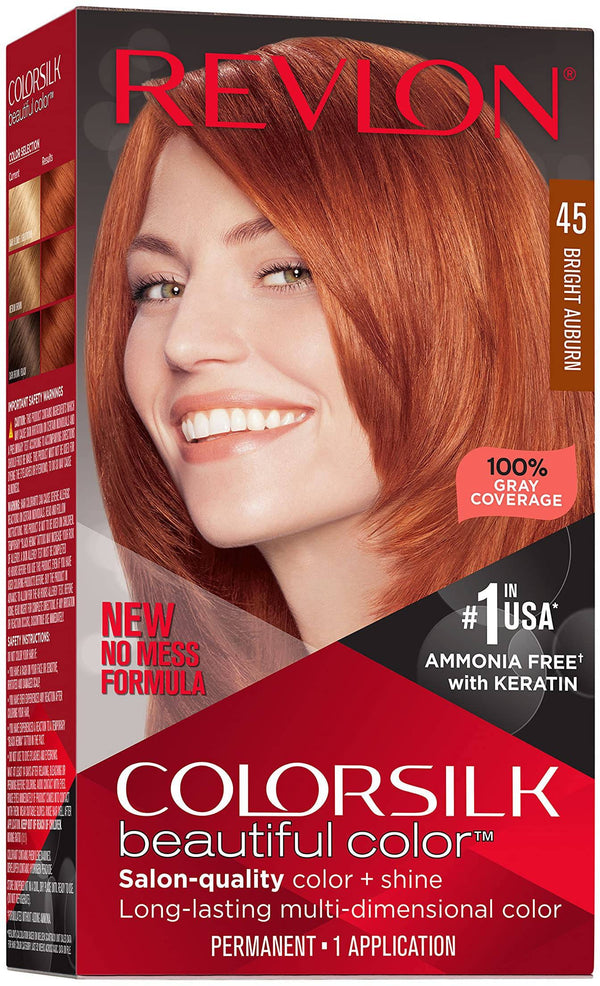 Revlon Colorsilk Permanent Hair Colour Cream, Bright Auburn 045, Ammonia-Free At-Home Kit