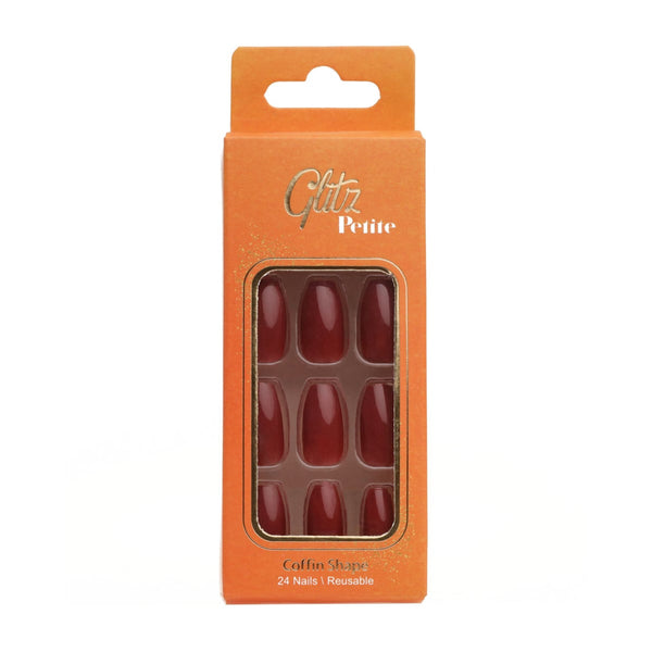 GLITZ Petite Press-On Nails, Coffin Shape #12 Dark Red, 24 Pack