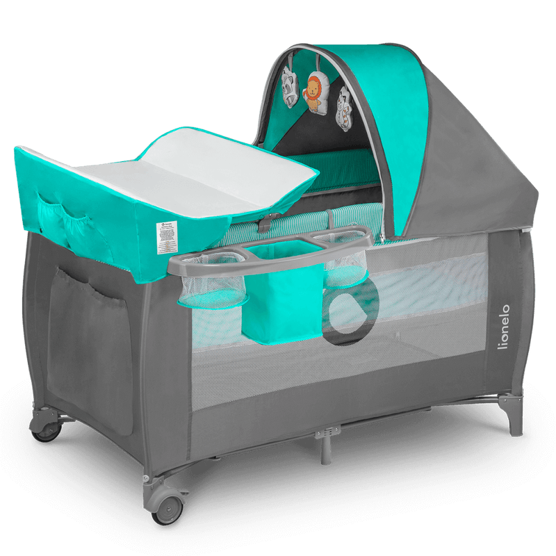 Lionelo Sven Plus 2-in-1 Travel Bed Playpen with Mosquito Net and Changing Table, Turquoise Blue