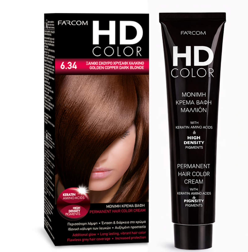 Farcom HD Hair Color Cream Dark Golden Copper 6.34 Keratin Amino Acids