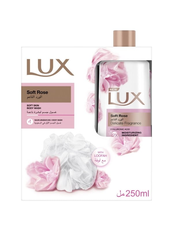 Lux Soft Rose Body Wash Shower Gel with Hyaluronic Acid and Loofah, 250ml