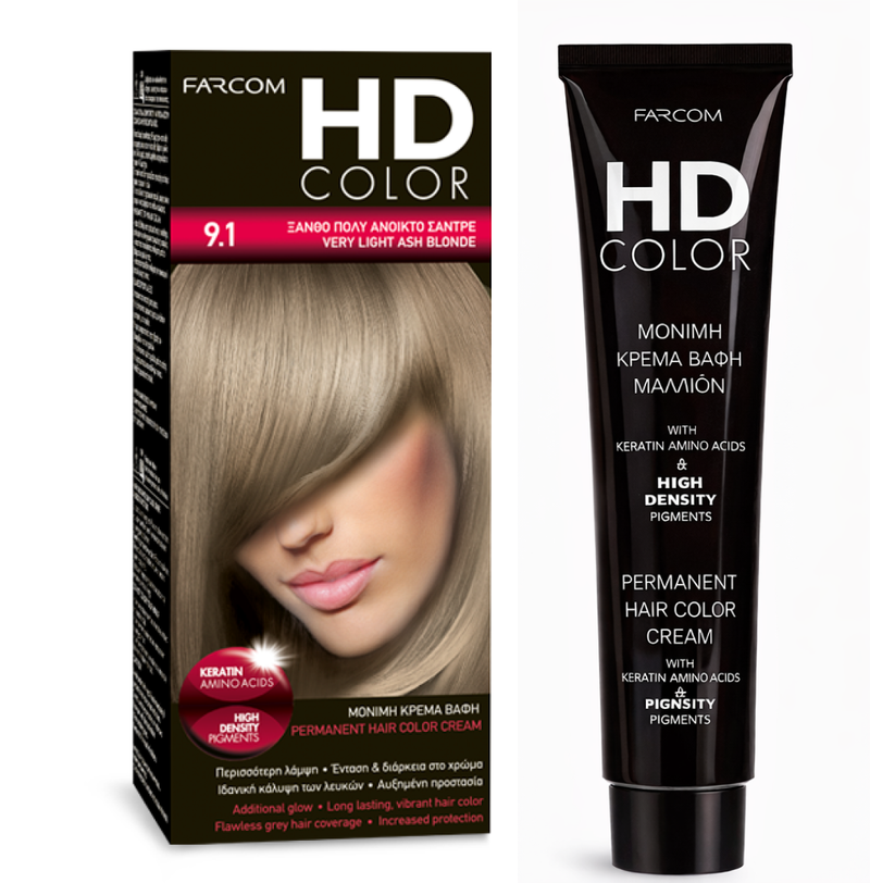 Farcom HD Hair Color Cream Very Light Ash Blonde 9.1 Keratin Amino Acids