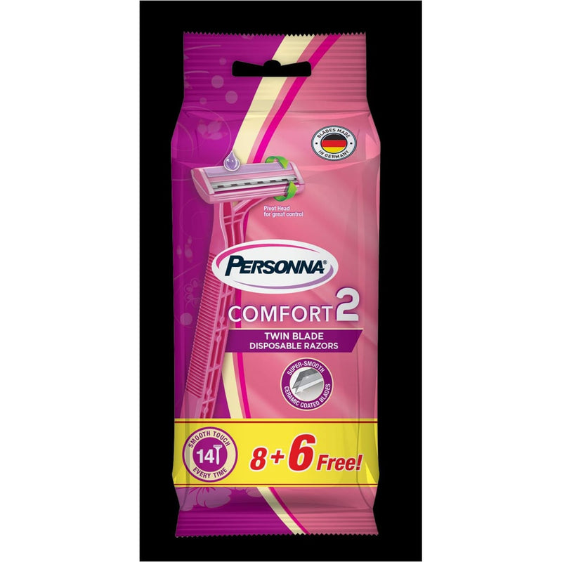 Personna Lady Comfort2 Disposable Razors, Ceramic-Coated Two-Blade, Vitamin E and Aloe Vera Strip, 8 + 6 Pieces
