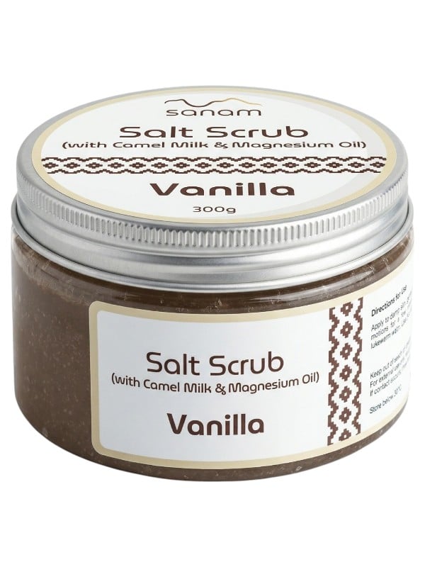 Sanam Body Scrub Salt Exfoliant with Camel Milk, Rose and Vanilla