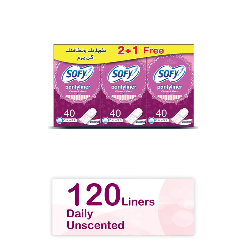 Sofy Panty Liners Unscented Soft Cotton High Absorbency 120 Pieces 2+1