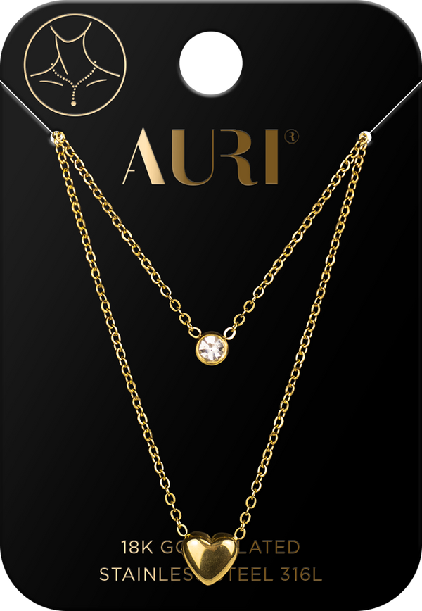 AURI Double Layered Necklace with Zircon and Heart Pendant, 18K Gold-Plated 316L Stainless Steel