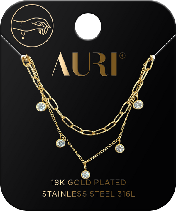 AURI Bracelet Set, 2 Pieces, 316L Stainless Steel, 18K Gold-Plated, Clips and Zirconia