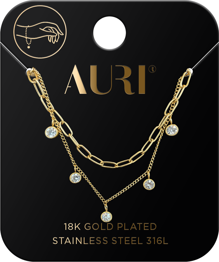 AURI Bracelet Set, 2 Pieces, 316L Stainless Steel, 18K Gold-Plated, Clips and Zirconia