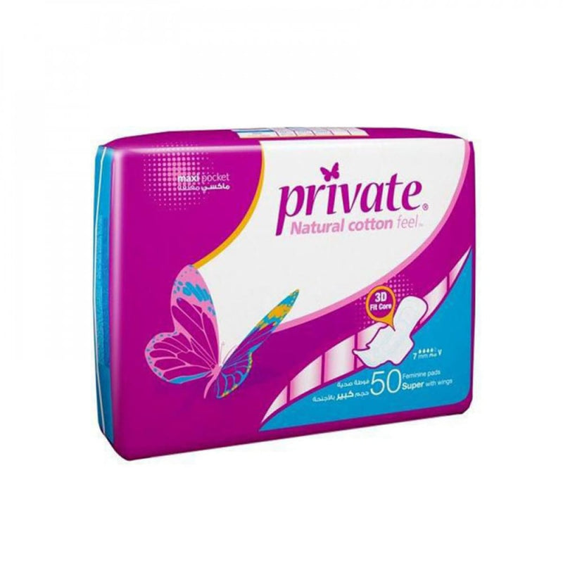 Private Super Maxi Pads Extra Absorbent Natural Cotton Feel 50 Pieces
