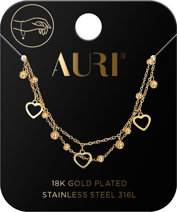 AURI Double Heart and Ball Bracelet 316L Stainless Steel 18K Gold-Plated