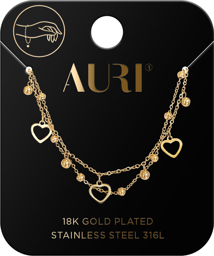 AURI Double Heart and Ball Bracelet 316L Stainless Steel 18K Gold-Plated