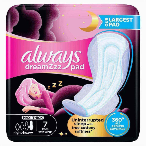 Always Dreamzz Maxi Thick Night Pads with Wings, Cotton Soft, 7 Pads