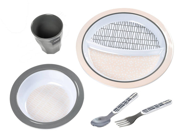 Beaba Gift Meal Set Plate Bowl Cup Stainless Steel Cutlery Grid Beige