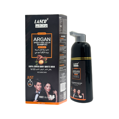 White Laser Hair Dye Shampoo with Argan Oil, Keratin and Aloe Vera, Natural Brown Black, 420 ml