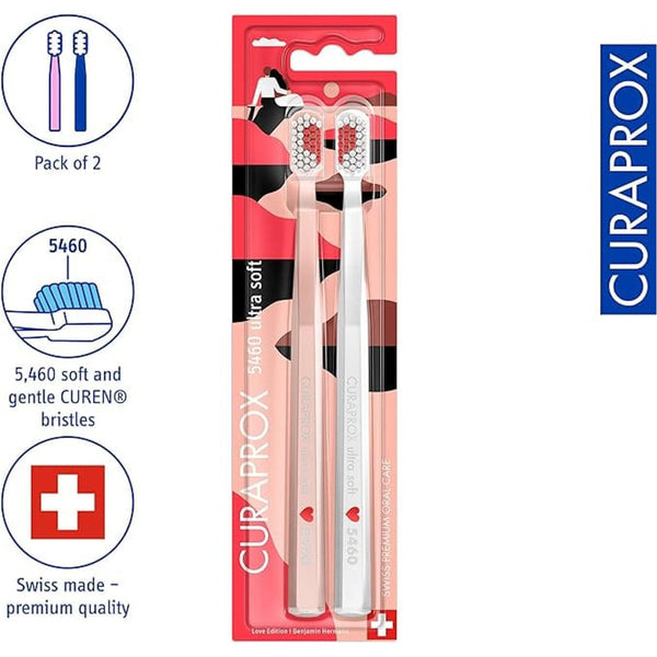 Curaprox 5460 Love Edition Duo Pack Ultra-Soft CUREN Bristle Toothbrushes, 2 Pack