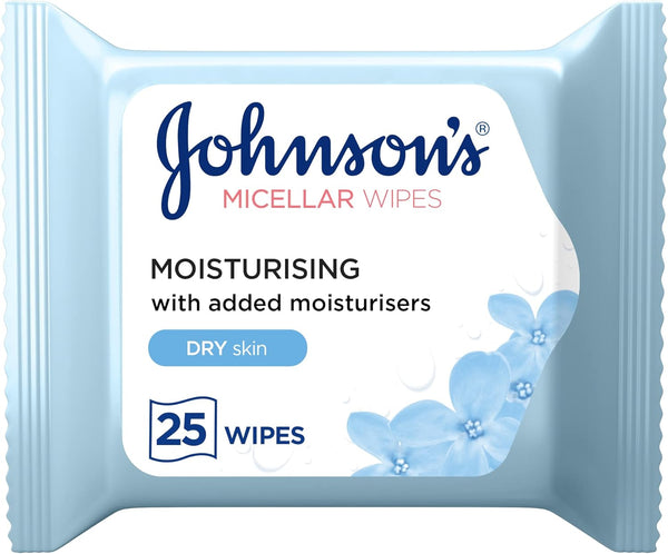 Johnson's Micellar Facial Wipes Moisturizing Cleansing for Dry Skin 25 Count