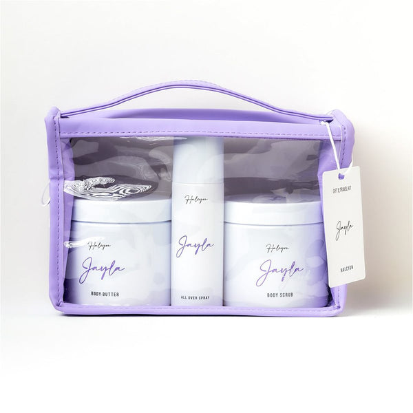 Jayla Halycon Travel Kit Body Care Set with Shea Butter, Scrub, Butter and Mist, White Flowers, Jasmine, Musk & Vanilla, 3 Pieces